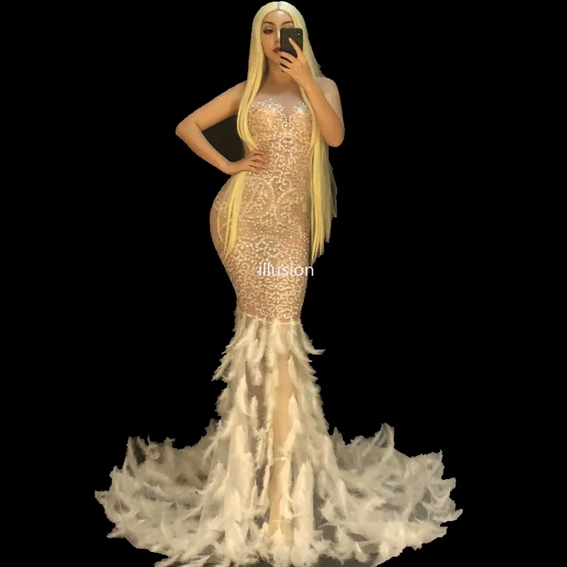 

Sexy See Through Mesh Rhinestone Dress Women Evening Party Birthday Celebrate Feather Long Net Yarn Dresses Singer Costumes