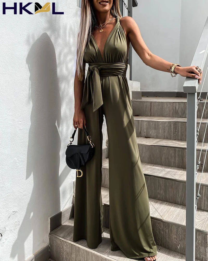 

Women Jumpsuit Crossed Back Plain V Neck Knotted Flared Long Wide Pants Rompers Office Overalls New Summer