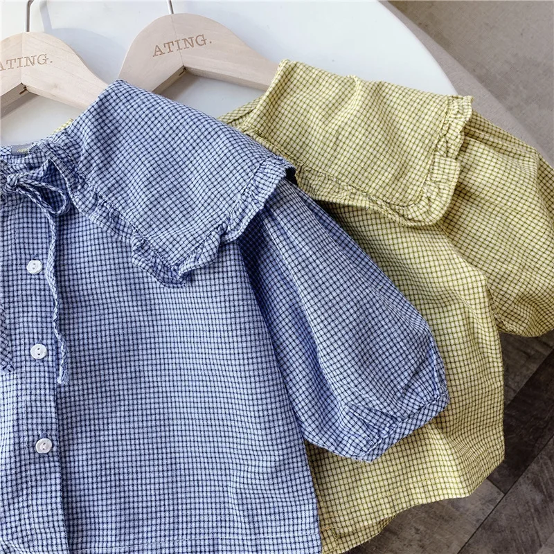 Весенние милые модные клетчатые рубашки с большим отложным воротником для