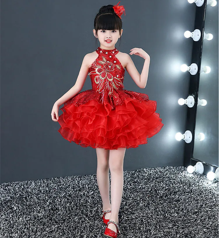 Короткие пышные красивые платья с оборками для маленьких девочек недорогой танцевальный костюм лавандового, красного, желтого цвета платье с блестками для маленьких девочек - Цвет: Красный