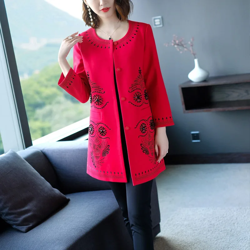 

Best Quality Women Long Trench Autumn Winter Overcoat Female Hand Made Beading Embroidery Wide-Waisted Coat Outwear