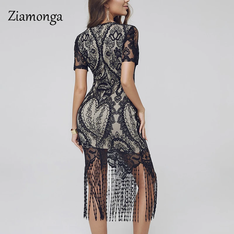 Ziamonga летнее Сексуальное женское платье с глубоким вырезом облегающее кружевное