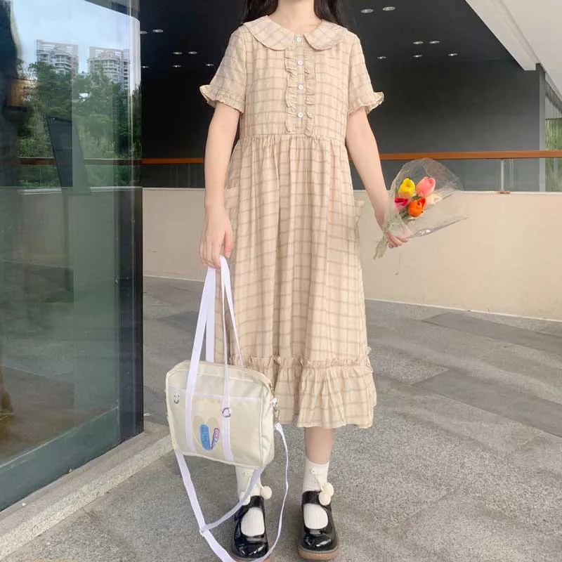 

Japanese 2021 Summer New Sweet Cute Lace Ruffles Short Sleeve Plaid Dresses Kawaii Girls Soft Girl Dress Lolita Women Clothing
