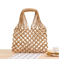 handmade hollow out woven tote trendy female straw degrees cotton string net pocket beach bag