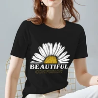 all match women t shirt daisy pattern series short sleeve tops classic o neck black lady tee high quality soft female clothes