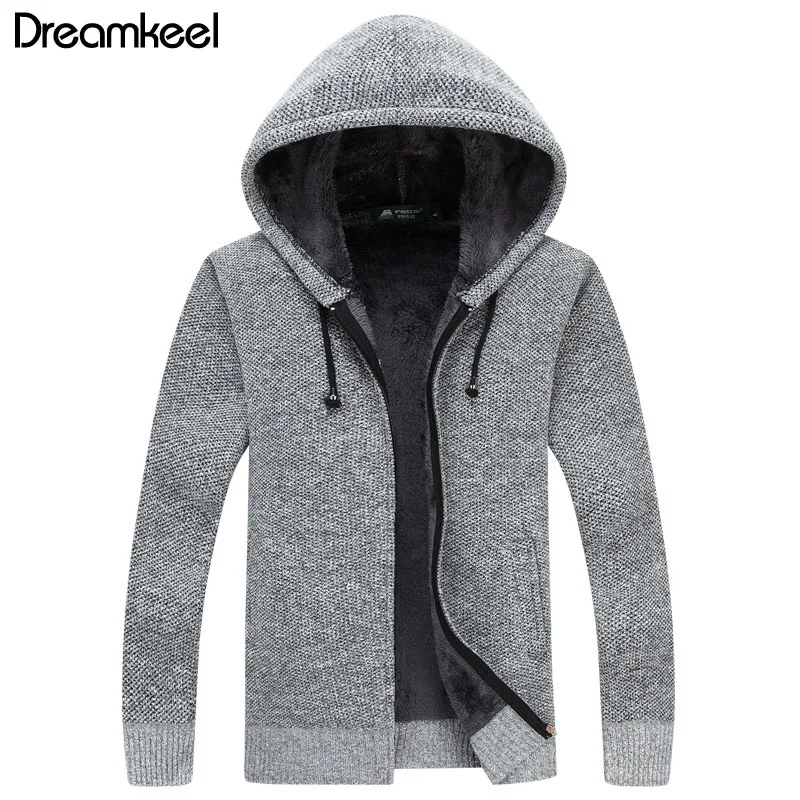 Мужской свитер с капюшоном повседневный вязаный из плотного бархата и шерсти на