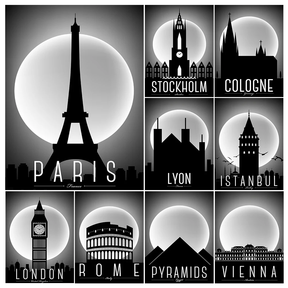 

KAMY YI City Logo Black and White Architecture Diamond Painting Cross Stitch 5D Diy Embroidery Mosaic European Home Decor