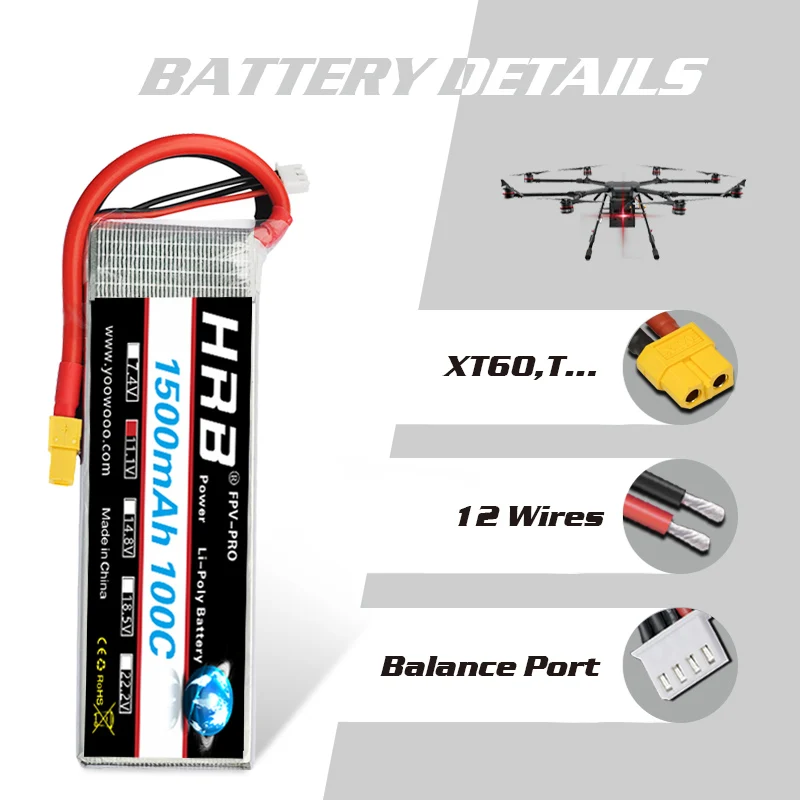 Аккумулятор HRB Lipo 2S 3S 4S 11 1 V 14 8 5S 6S 7 4 18 5 22 2 1500mAh 100C Высокая скорость XT60 для самолета
