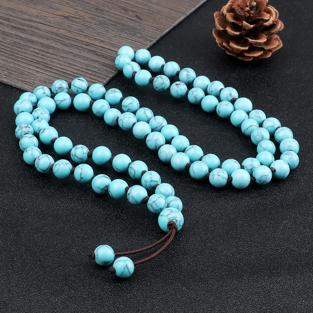 

Natural Turquoise Rosary Bracelet Classic Long Bead Necklace For Women Men Energy Reiki Elegant Yoga Meditation Jewelry Gift