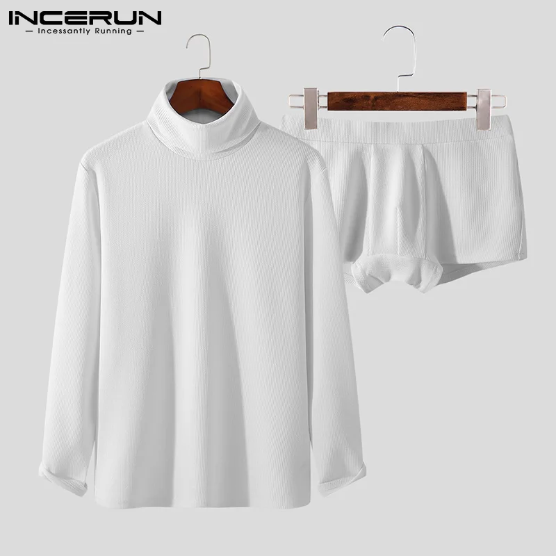 

INCERUN Men Pajamas Sets Solid 2021 Homewear Leisure Turtleneck Long Sleeve T Shirt Sleepwear & Boxers Men Nightwear Suits S-5XL