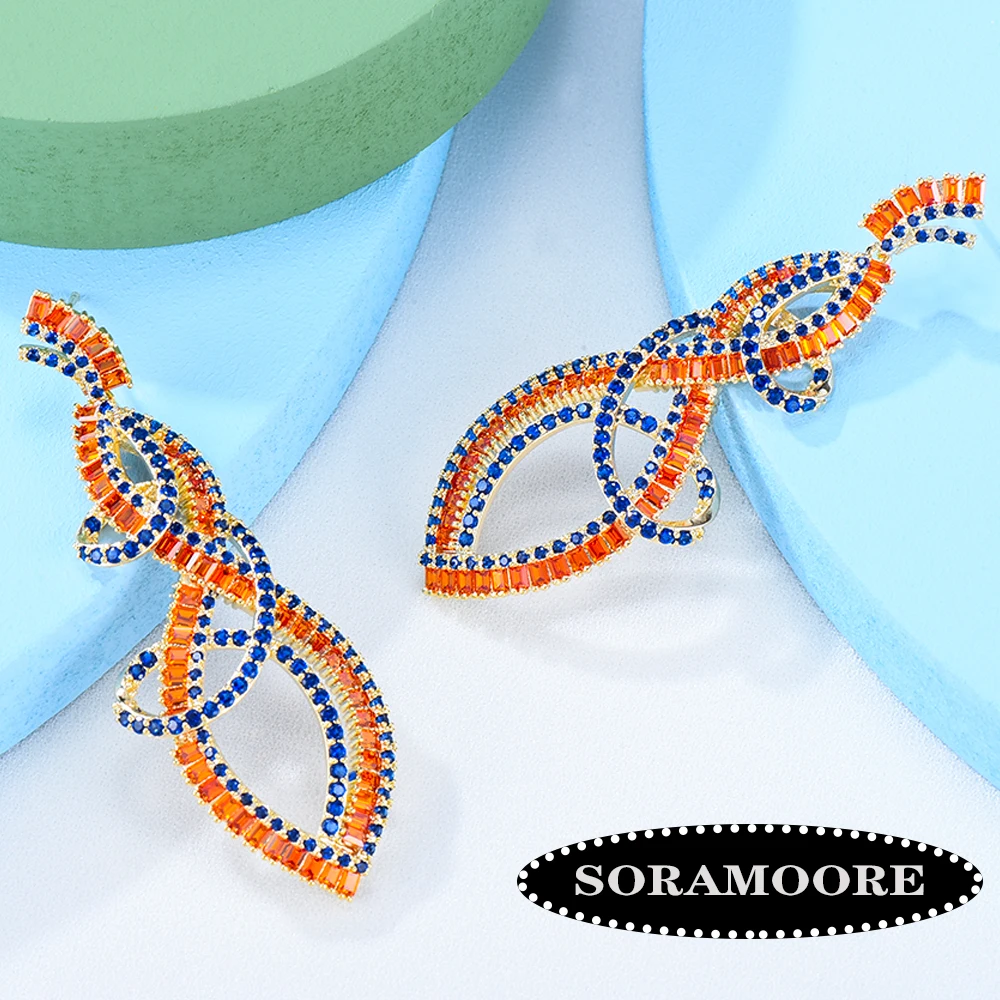 

Soramoore Trendy Luxury Bright Orange Dangle Earrings For Women Wedding Cubic Zirconia CZ Bridal Earring Jewelry Accessories