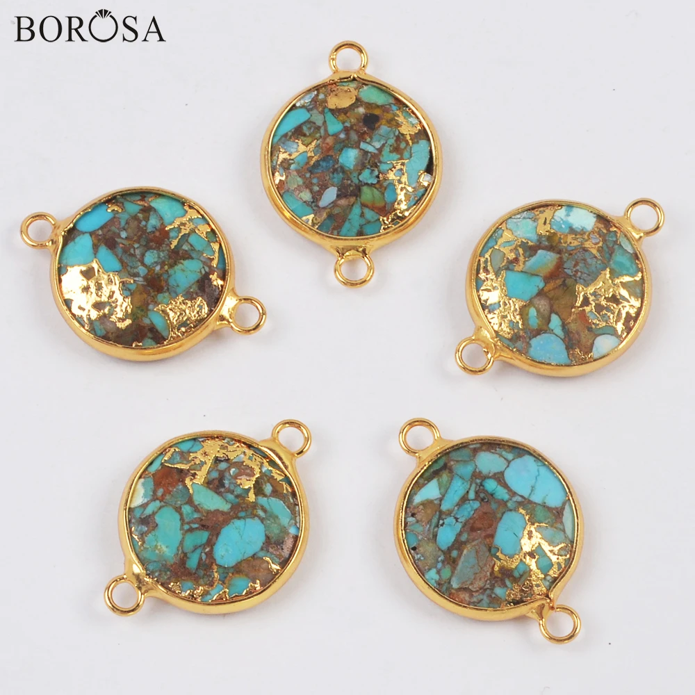 

BOROSA Round Shape Gold Plating Turquoises with Gold-line Pendant Necklace Chokers Gems Stone Beads for Bracelet Making G2009