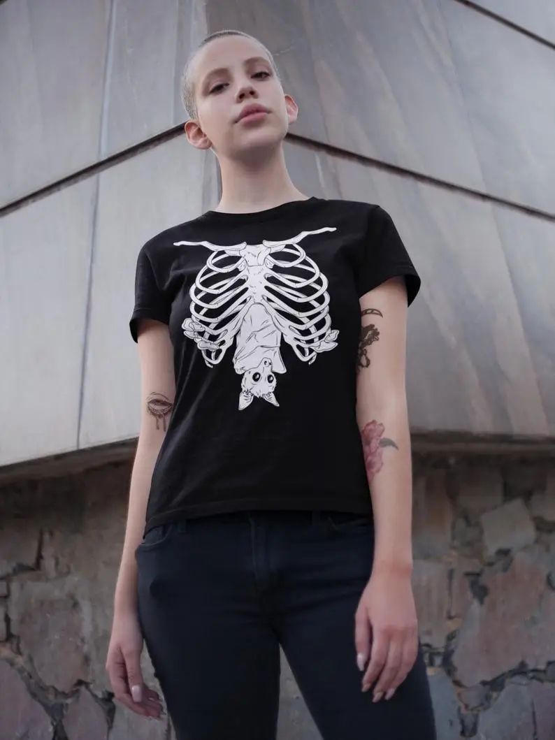 Creepy Bat skull Gothic T-Shirt funny 100% Cotton graphic street style Fashion grunge tumblr unisex women casual tshirt top tee | Женская