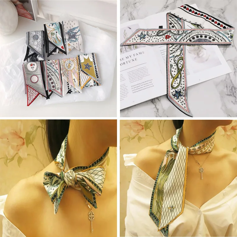 

2021 Satin DIY Print Small Scarf Women Riband Handle Bags Scarf Narrow Long Wrist Small Ribbon Fashion Hair Band Scarves & Wraps