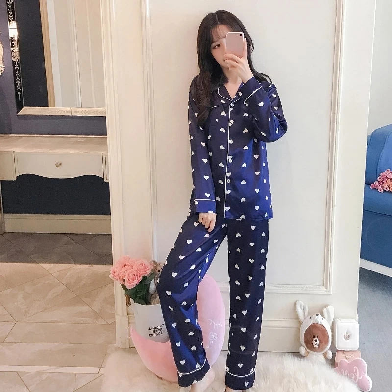 Long Sleeve Women's Pajama Set Silk Spring Summer 2 Pcs Single Breasted Ladies Pijama Suit with Pants Pyjama Sleepwear Female