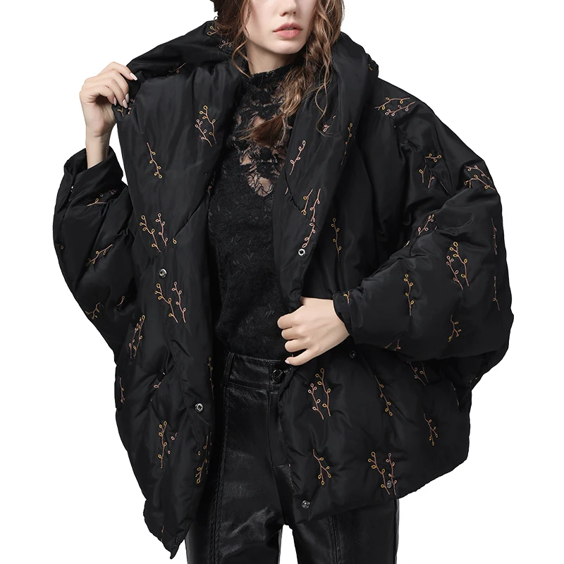 

Loose Hooded Women Down Jacket Warm Thickened White Duck Down All-Match 2020 Winter New Embroidered Short Parka Padded Coat