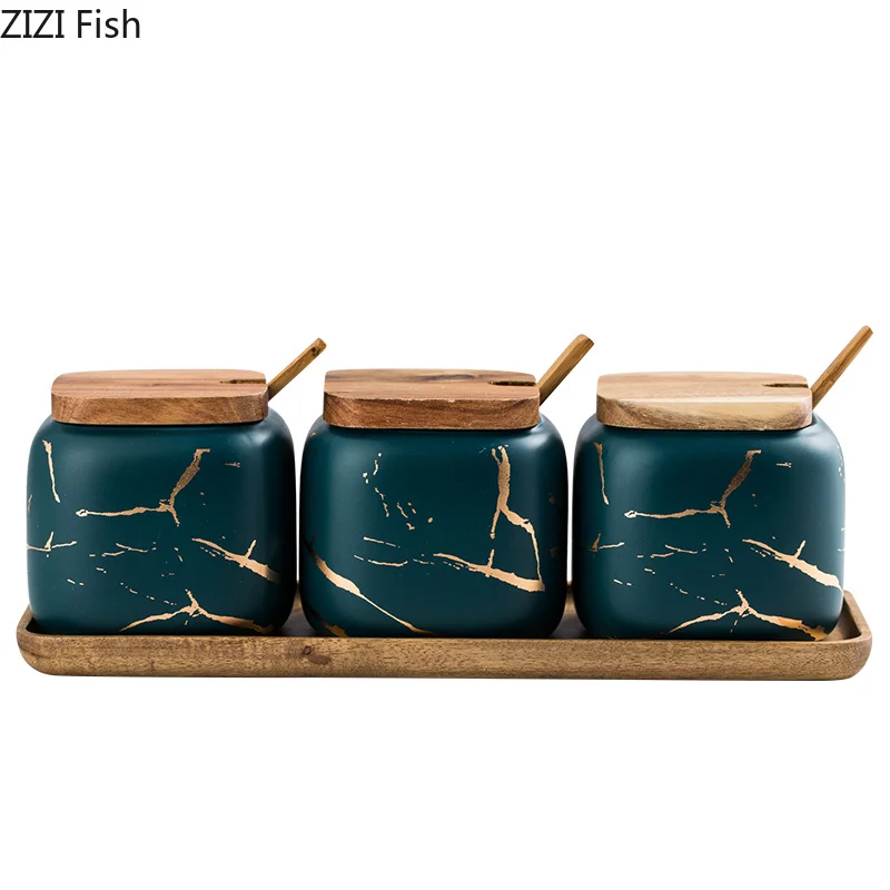 Marble Pattern Ceramic Kitchen Seasoning Tank Set Wooden Cover Sugar Salt Storage Tank Salt Shaker Spice Jar Kitchen Accessories