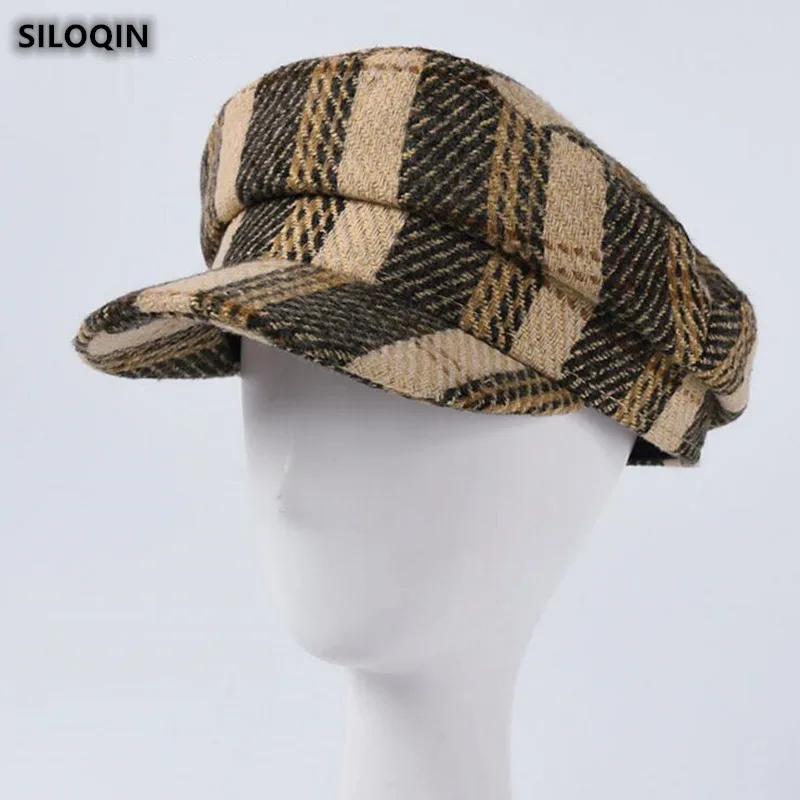 

SILOQIN Trend Women's Plaid Military Hats Autumn Winter Fashion Keep Warm Flat Cap Elegant Noble Lady Brand Leisure Hat Gorras