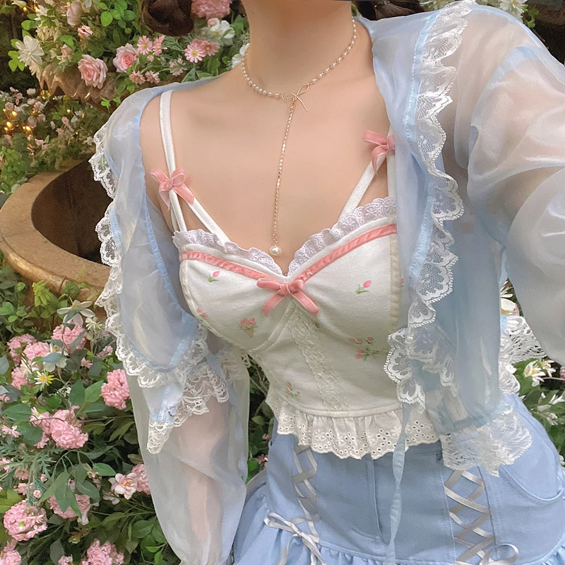

2021 Summer Floral Kawaii Halter Tops Women White Backless Sexy Beach Sweet Cute Tanks Lace Print Party Korean Fashion Clothing