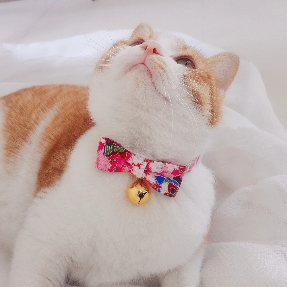 

Bowtie Cat Collar with Bell Colorful Japanese Kimono Style Bow Tie Safety Breakaway Buckle Light Weight Soft Durable