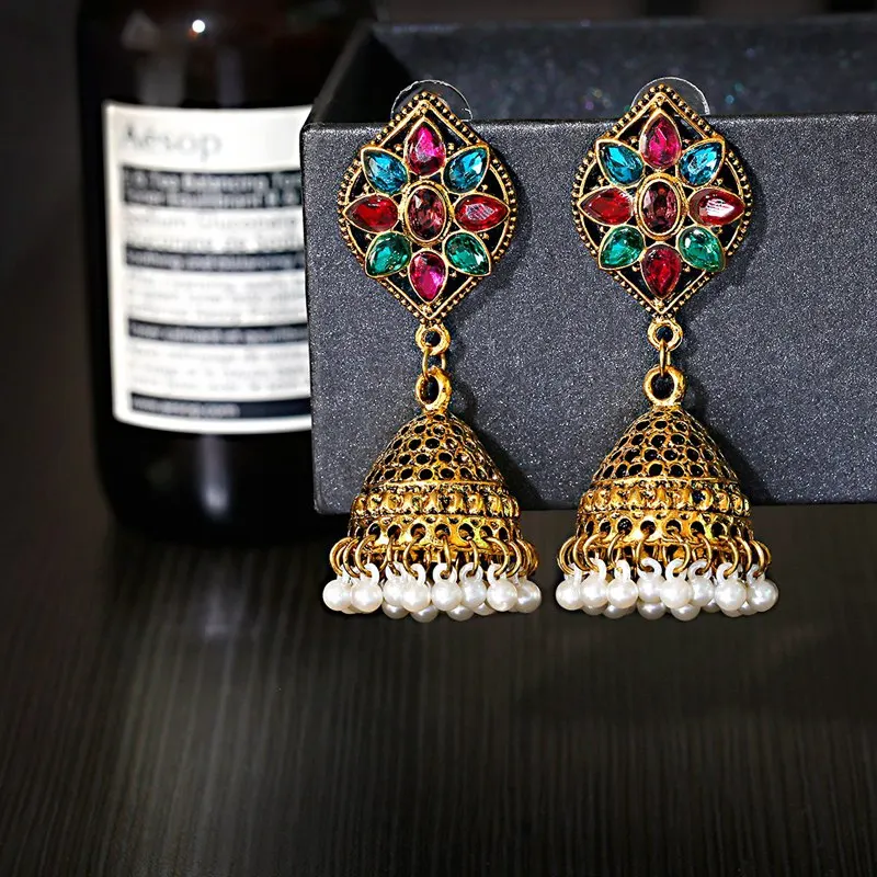 

Ethnic Women's Crystal Indian Jewelry Gypsy Earrings Hangers Boho Vintage Tribe Imitation Pearls Tassel Earrings Fashion Jewelry