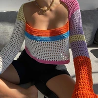 y2k hollowed out knitted sweater women 2021 long sleeve patchwork retro streetwear female casual sexy short sweaters