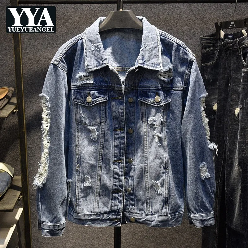 Осенняя мужская джинсовая куртка в стиле хип хоп с дырками Повседневная Уличная