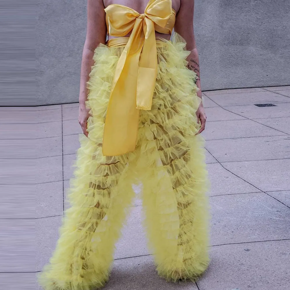 

High Street Yellow See Thru Tiered Ruffles Long Tulle Pants Women Loose 2020 With Satin Waistband Summer Female Bottom