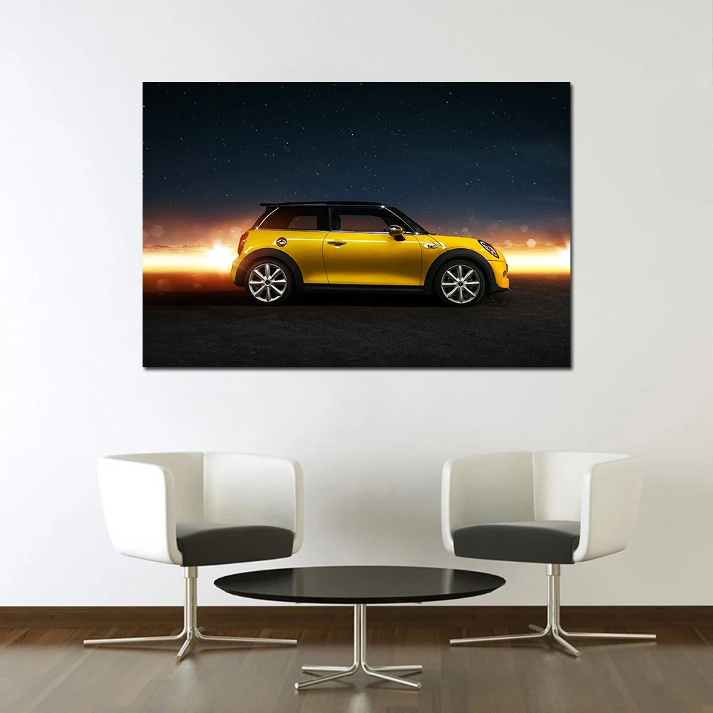Желтый Mini Cooper S настенные художественные плакаты и принты в рамке холст Картины