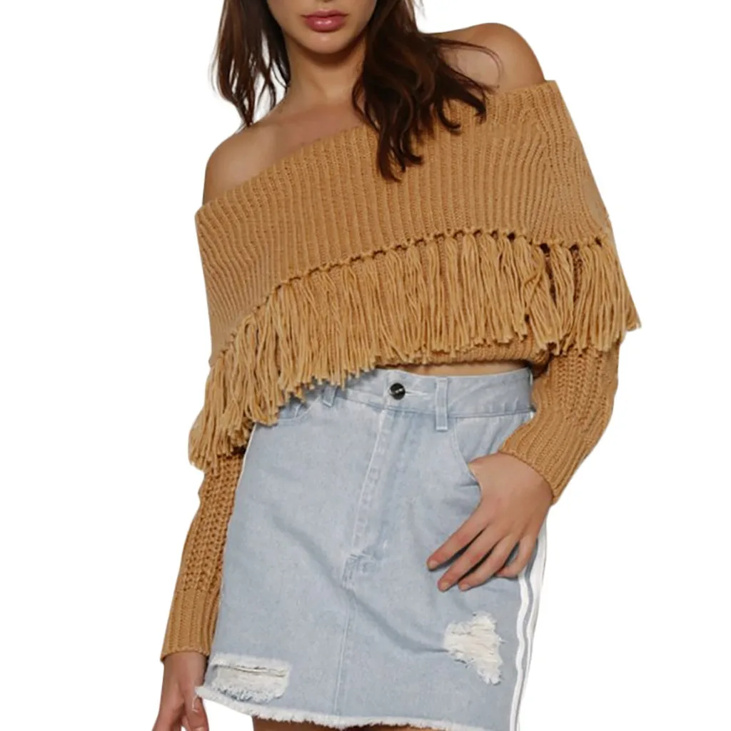 Women Sexy Solid Off Sweater Shoulder Tassel Long Sleeve Loose Sweaters Blouse Tops Female Women's Winter Clothes | Женская одежда