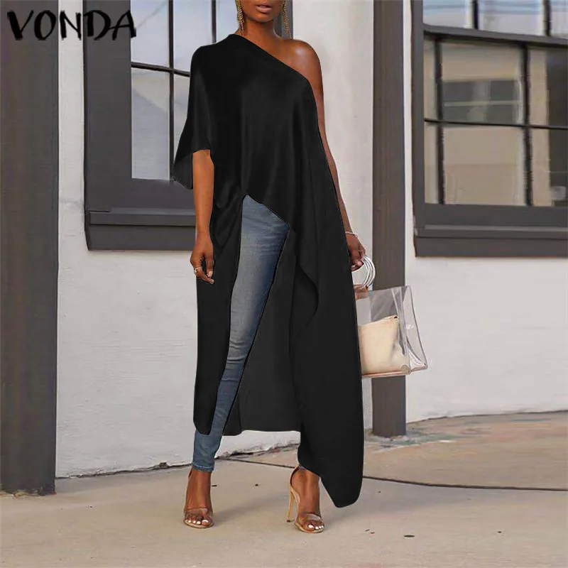 VONDA, Длинная женская блузка, асимметричная туника, сексуальные, с открытыми плечами, вечерние рубашки,, праздничные пляжные топы размера плюс, Blusas Femininas