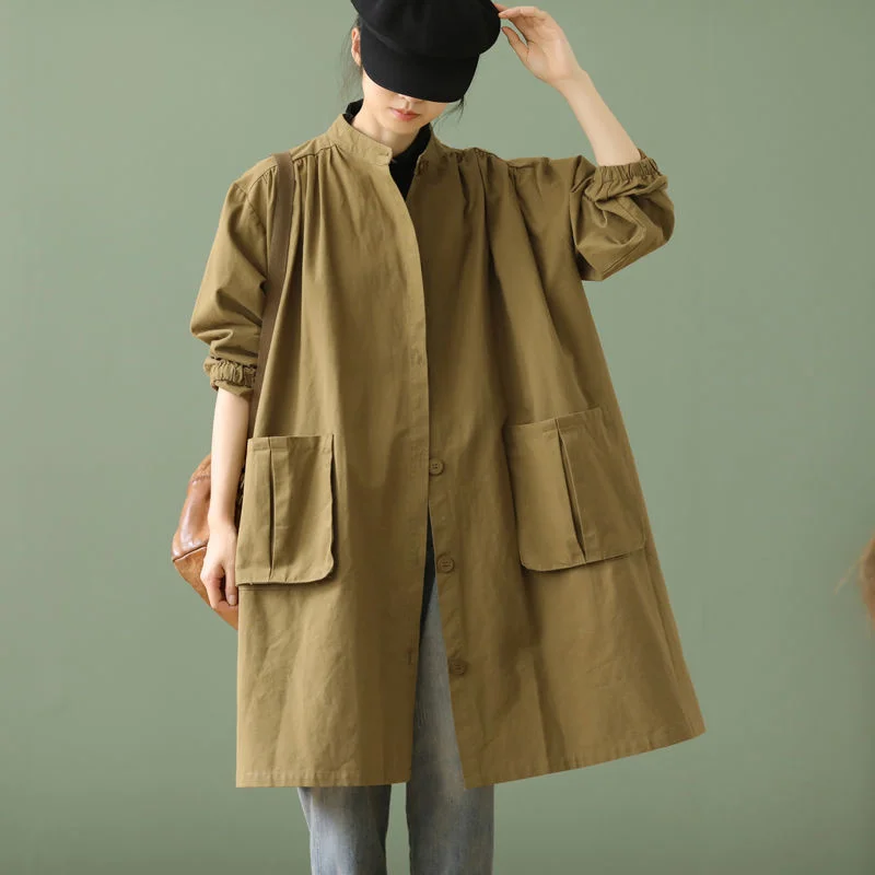 

Vintage Windbreaker Women's Mid-length Autumn Thin Overcoat Stand Collar Over-the-knee Long-sleeved Loose Casual Trench Coat