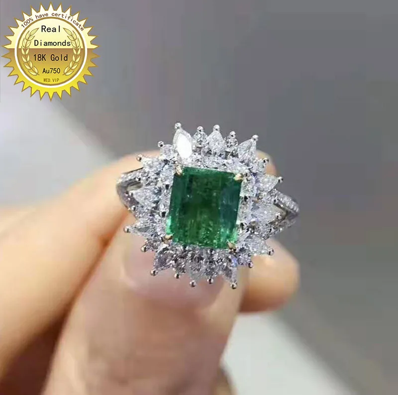 18K Золотые 2ct натуральный изумруд с 1.3ct кольцо c настоящим бриллиантом Обручение