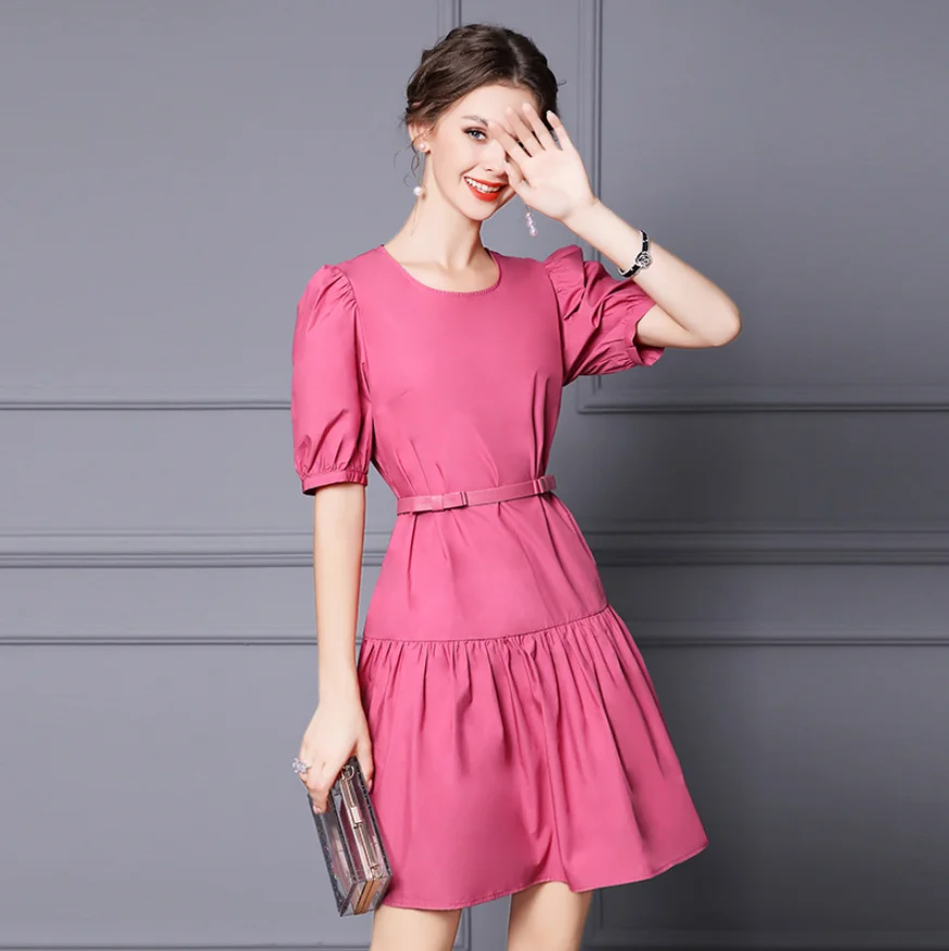 

Sweet Style Summer Women's Pink A-Line Skirt Blue Bow Belt Lovely Puff Sleeve Short Skirts Round Neck Female New OL Cotton Dress