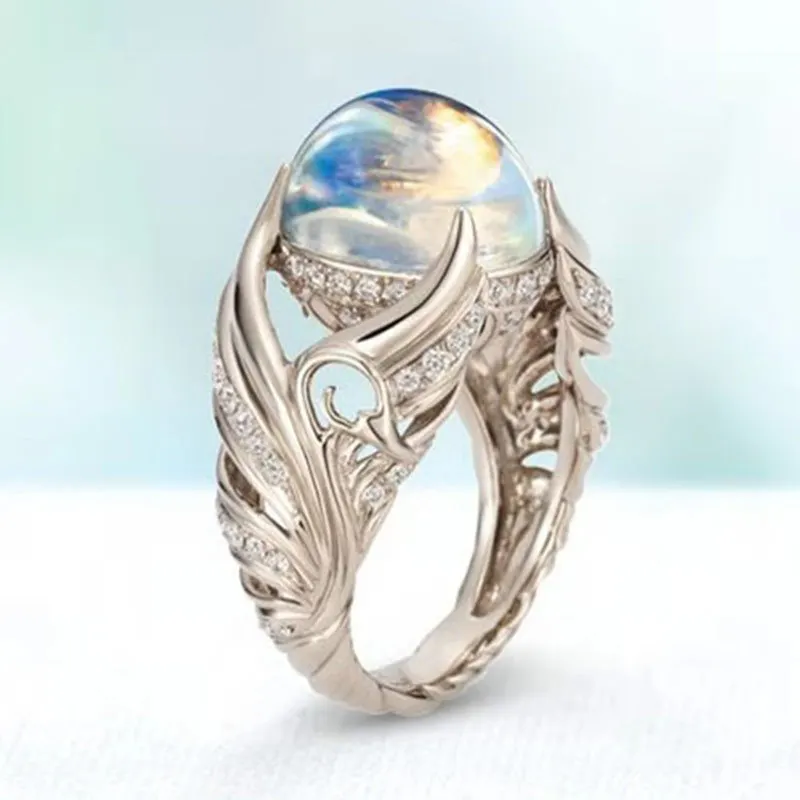 

14k White Gold Hollow Moonstone Ring for Women 925 Sterling Silver Color Gemstone Rings Wedding Party Birthday Fine Jewelry Gift