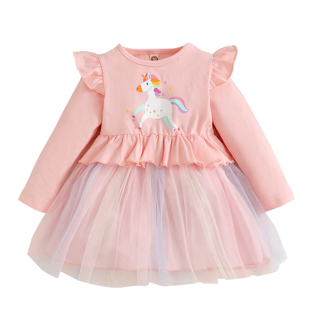 

Newborn Baby Girls Casual Round Neck Mesh Dress Ball Gown Ruffle Knitted Long Sleeve Animal Cotton Knee Length Dresses Autumn