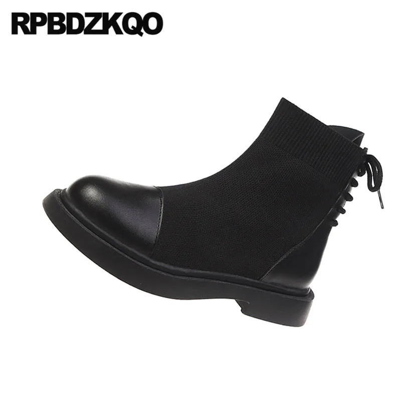 Женские ботильоны на шнуровке черные недорогие вязаные ботинки плоской подошве