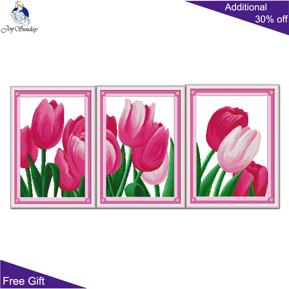 Joy Sunday Розовый тюльпан вышивка наборы H021 (1) (2) (3) 14CT 11CT Счетный и штампованный