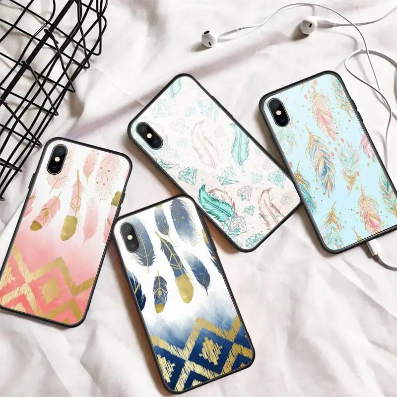 

feather golden Marble pattern Phone Case Tempered glass For iphone 5C 6 6S 7 8 plus X XS XR 11 PRO MAX