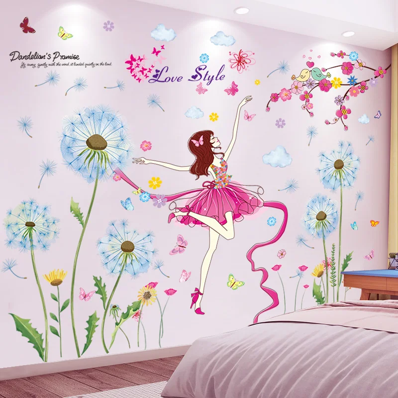 

[shijuekongjian] Cartoon Girl Dancer Wall Stickers DIY Dandelion Flowers Wall Decals for Kids Bedroom Baby Room House Decoration