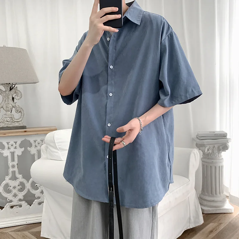 

Streetwear Shirt Men Solid Plus Size Short Sleeve Shirts Loose Summer Fashion Casual Korean Shirt Mens Tops Clothes 2021