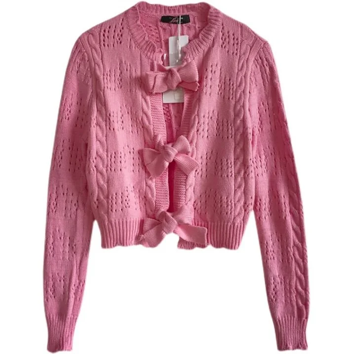 Корейские модные свитера со шнуровкой и бантом милый женский кардиган свитер