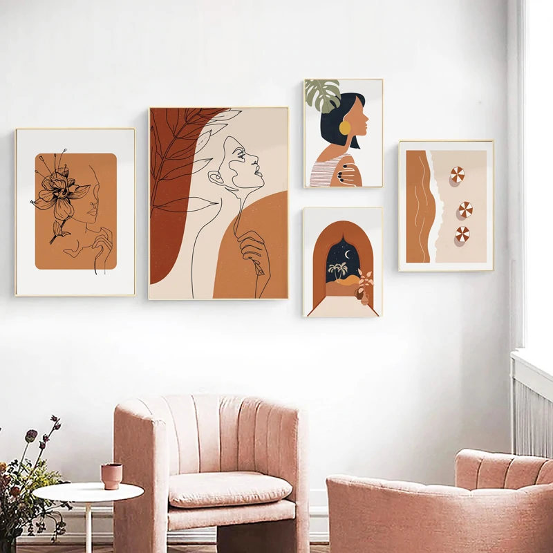 

Woman Face One Line Abstract Painting Burnt Orange Terracotta Wall Art Canvas Print Mid Century Boho Picture Living Room Decor