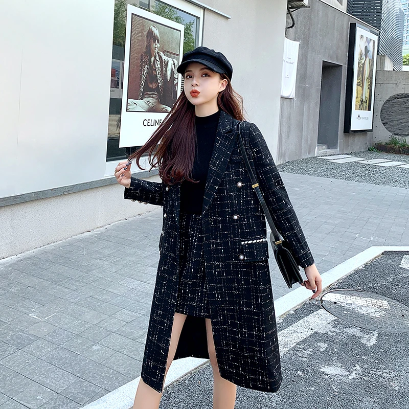 

JSXDHK Elegant Winter Women Double-Breasted Tweed Plaid Black Long Overcoat Two Piece Set + Blends Wool Pencil Mini Skirts Suit