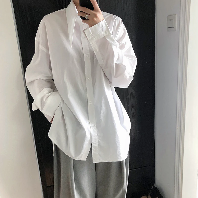 

GVUW 2021 New Spring Summer Fashion Casual Pointed Collar Silhouette Loose Solid Color Thin Cotton Long Sleeve Shirt Women SL074