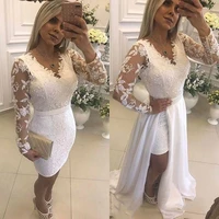 myyble white pearls short party evening dresses with detachable skirt illusion long sleeves lace formal prom gowns for evening