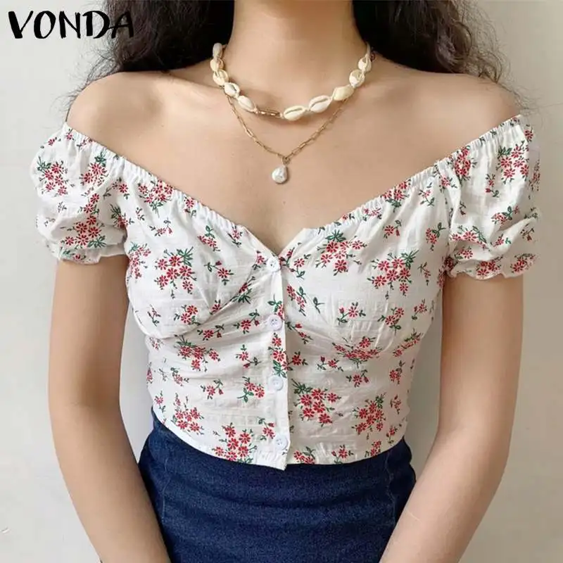 

VONDA Summer Tops 2022 Women Floral Printed Crop Tops Blusas Bohemian Stylish Shirts Women Square Collar Blouse Femininas
