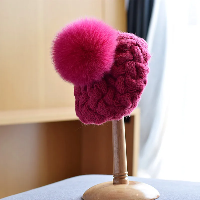 Real Fox Fur Ball Twist beanies warm cute woolen beret girl women autumn and winter soild color big hair ball knitted hat | Аксессуары