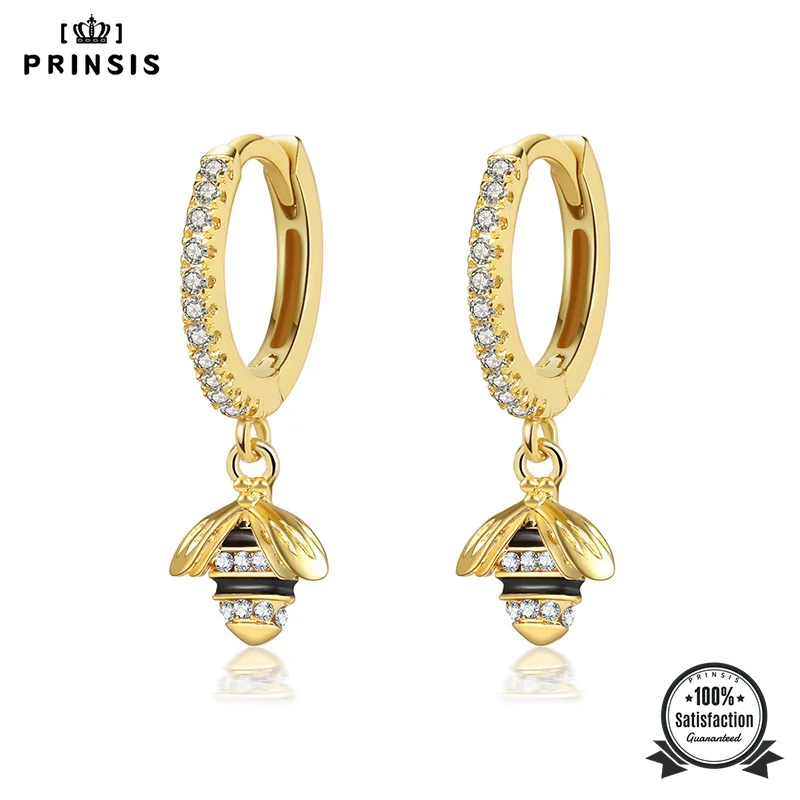 Женские серьги-обручи с фианитами, в виде пчелы