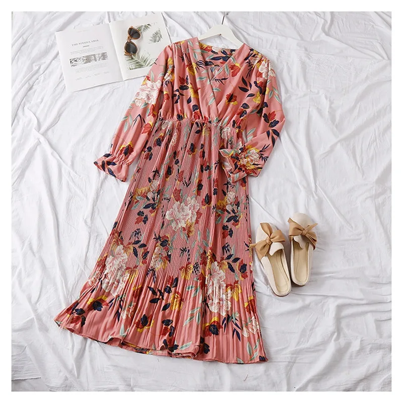 Платье женское шифоновое Плиссированное с цветочным принтом пикантный длинный